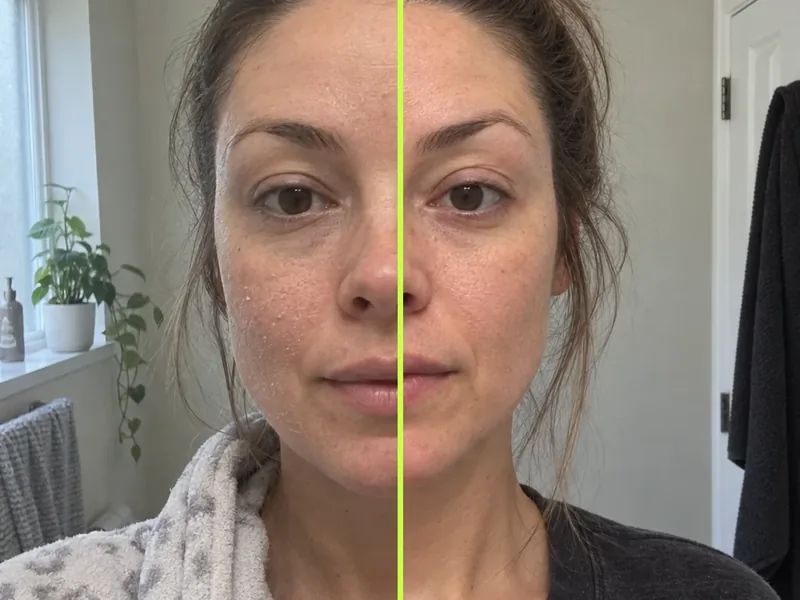 Split image of a face: dry, flaking skin on the left, smooth hydrated skin on the right