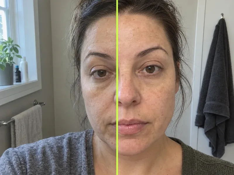 Split image of a face: dull, uneven tone on the left, brighter even tone on the right