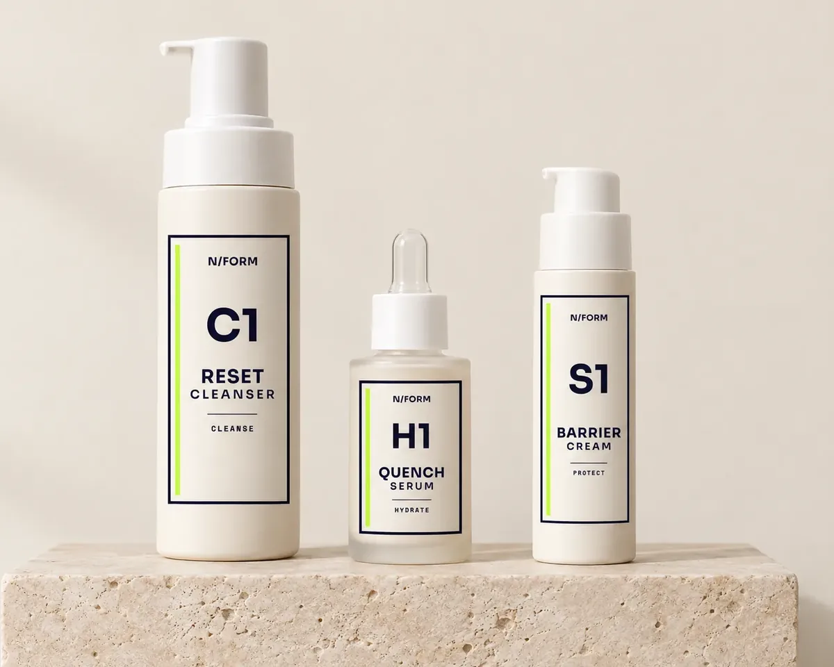 Reset Cleanser, Quench Serum and Barrier Cream on a stone slab