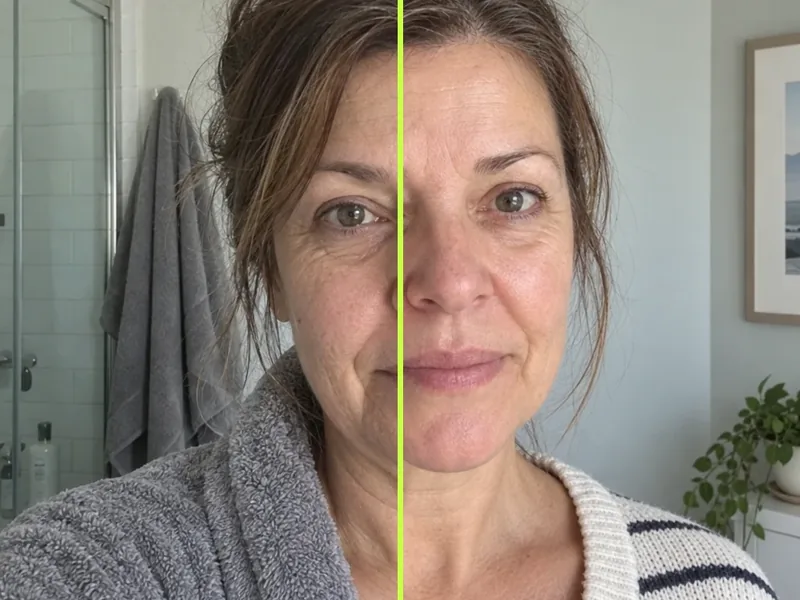 Split image of a face: fine lines and crepey texture on the left, smoother firmer skin on the right