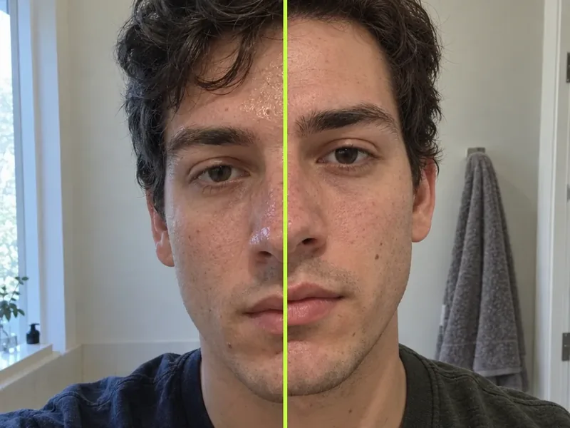 Split image of a face: shine and congestion on the left, a balanced matte finish on the right