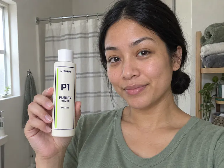 Alicia holding the P1 Purify Toner bottle in her bathroom